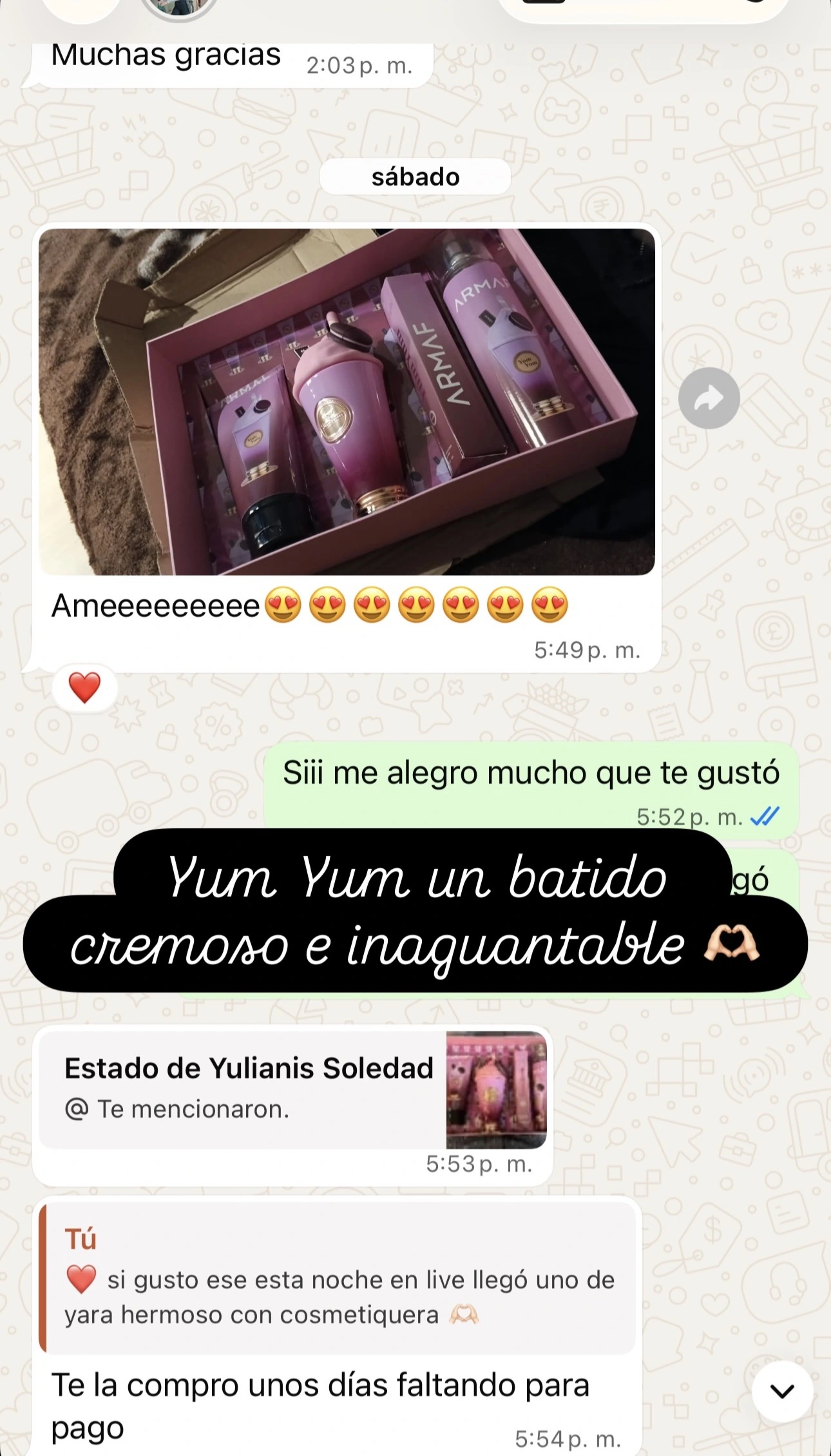 Mensaje de una clienta que recibió su set de perfumes