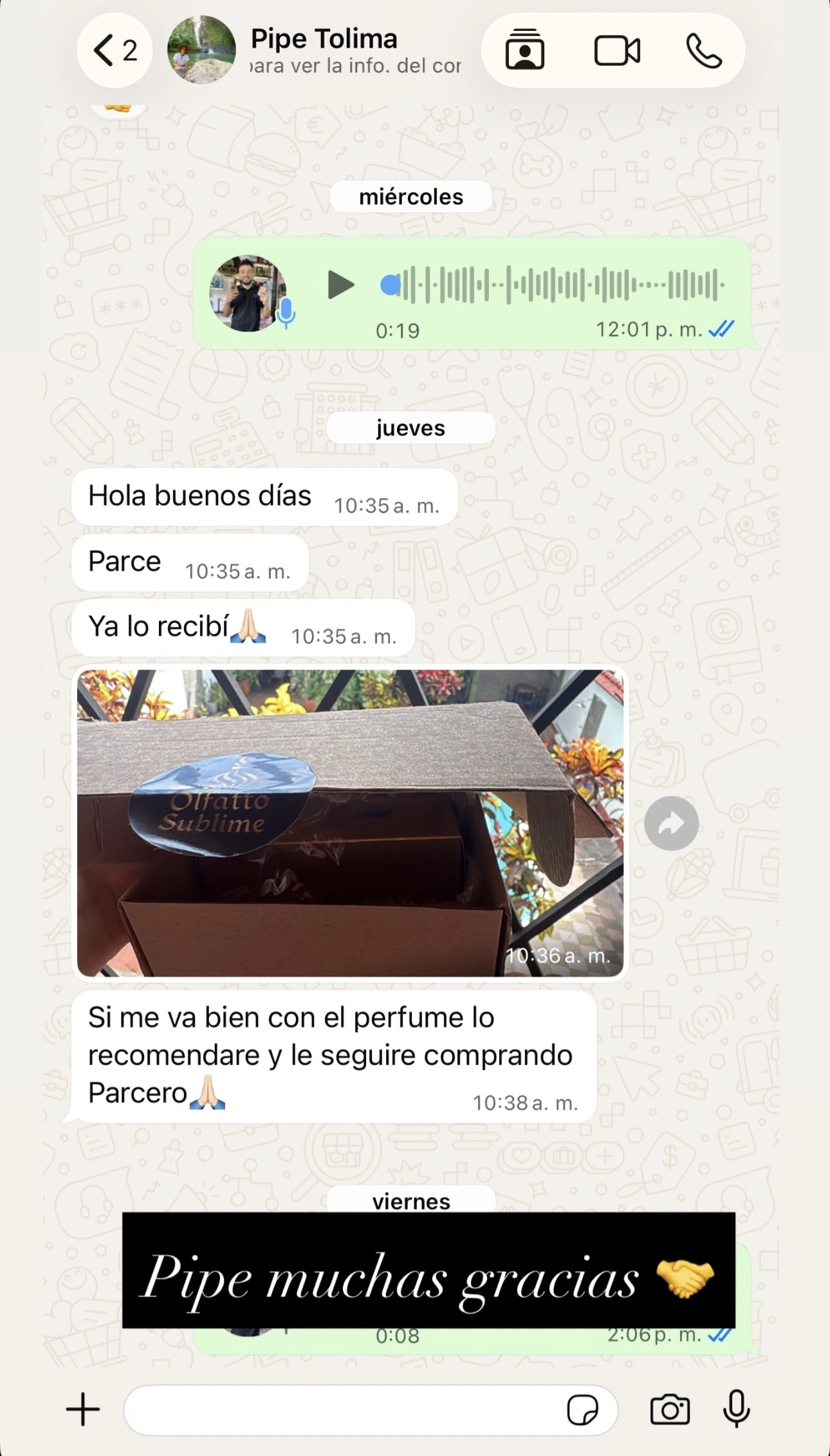 Conversación confirmando la recepción de un pedido